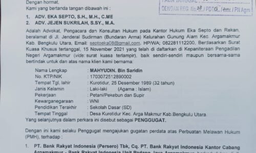 Warga Kuro Tidur Gugat BRI Arga Makmur, KPKNL Bengkulu, BPN Bengkulu Utara dan Pembeli Agunan Miliknya